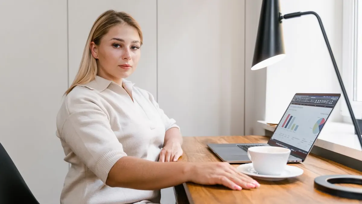 Žena sedí u stolu s notebookem, lampou a kávou